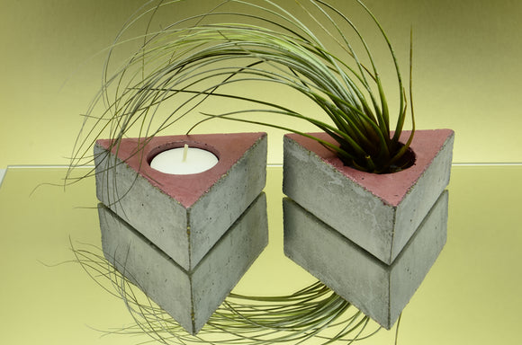 Set of 2 Handmade Triangular Concrete Tealight, Airplant Holders - Dark Pink