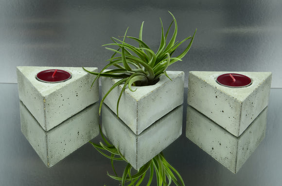Set of 3 Triangular Handmade Concrete Tealight, Airplant Holders