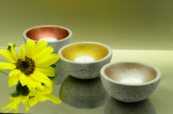 Set of 3 Handmade Sanded Concrete Trinket Bowls, Tea Light, Airplant Holders - Copper, Gold and Pearl Brown