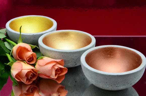 Set of 3 Handmade Concrete Trinket Bowls, Tea Light, Airplant Holders - Copper, Bronze Gold and Gold